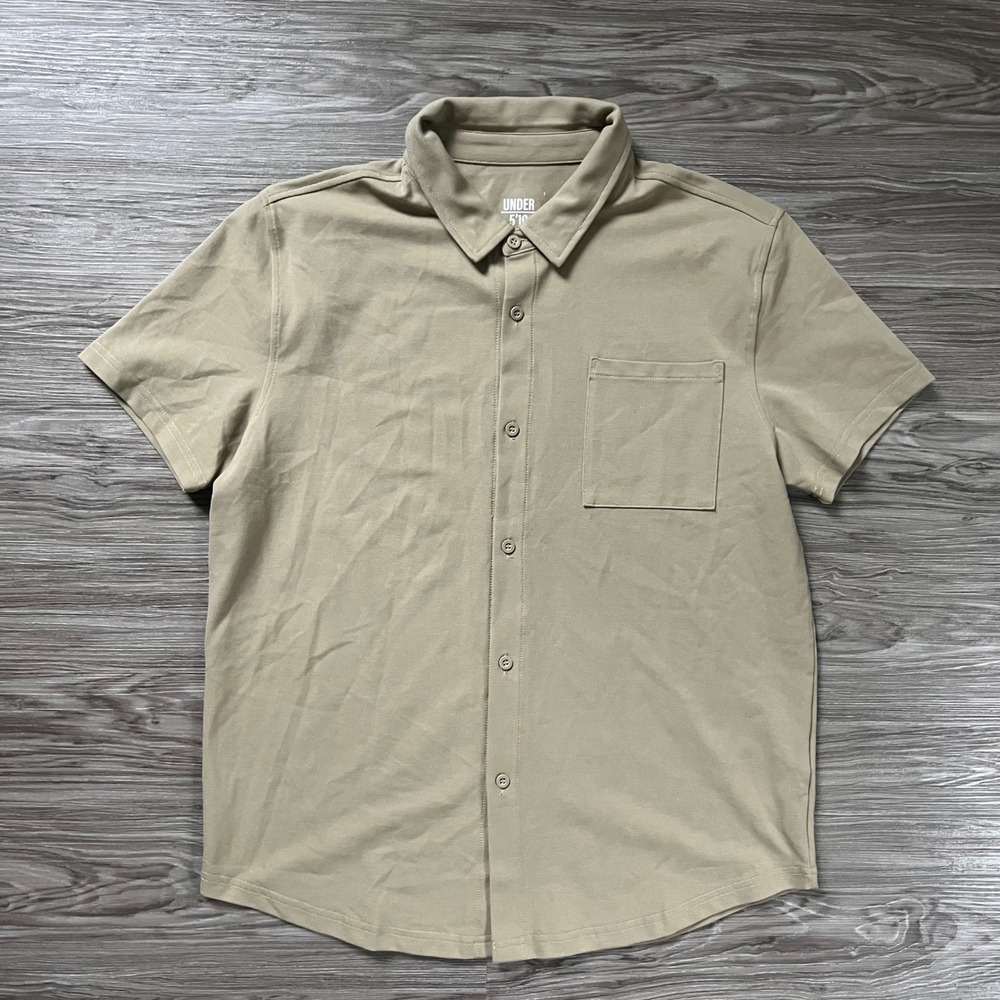 Under 5'10 Mens Short Sleeve Pique Button Down Shirt Khaki Tan Medium